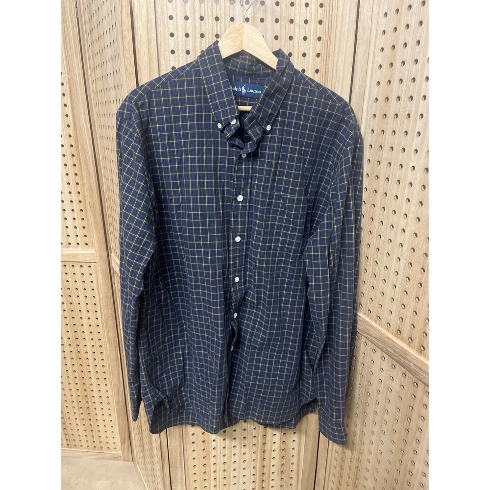 Ralph Lauren Mens XL Navy Green Yellow Plaid Button Down Shirt LS Cotton